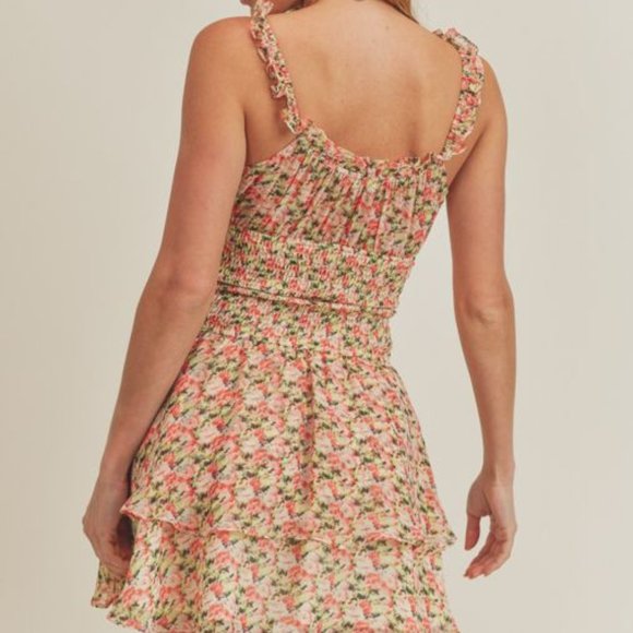 Boho Floral Printed Tie Front Ruffle Tiered Smocked Mini Dress - Picture 4 of 4